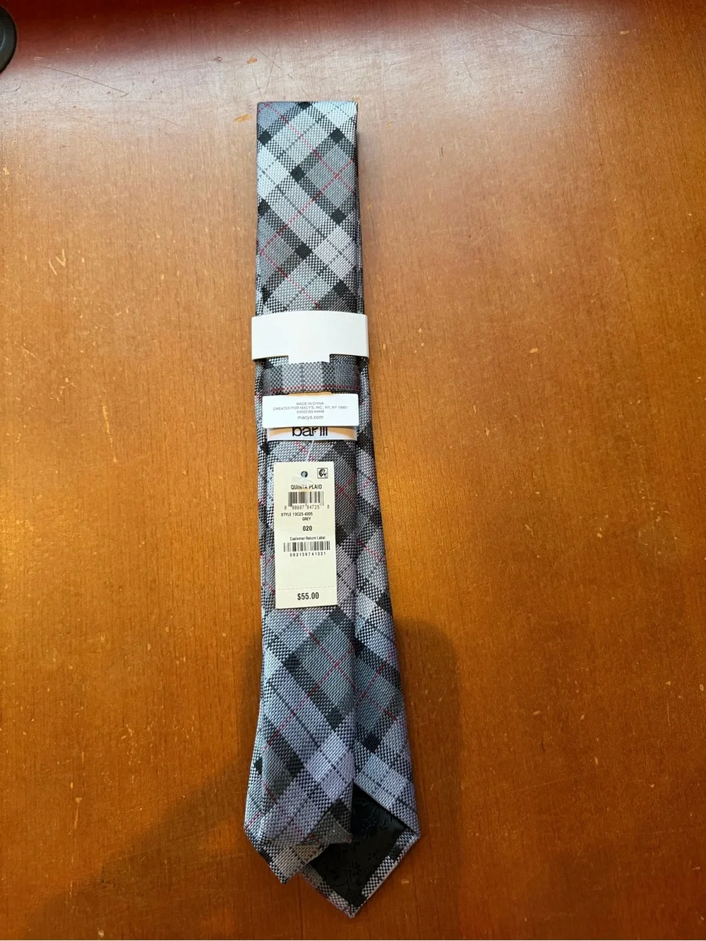 Bar III Gray Plaid Tie with Black and Red Accentsz